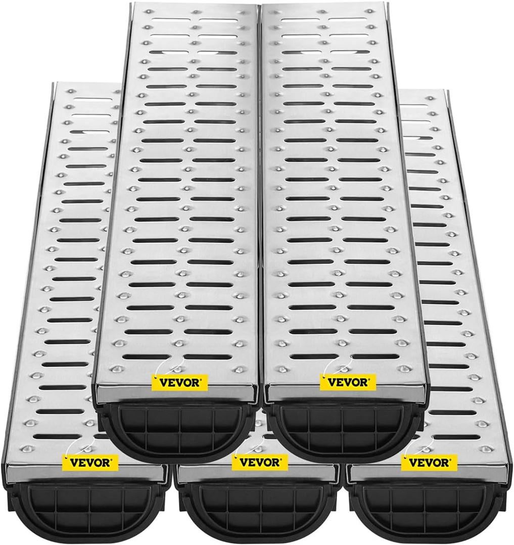 VEVOR Trench Drain System 5 Pack, Channel Drain with Metal Grate 5.7 x 3.1 in HDPE Drainage Trench, Black Plastic Garage Floor Waterway 5 x 39 in with 5 End Caps for Garden Driveway