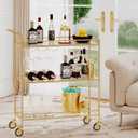 Gold Bar Cart, Home Bar Serving Cart with Handle, Cart with 3-Tier Glass Shelves, Beverage Cart with Rack and Glass Holder, Bar Carts for The Home, Dining Room, Living Room