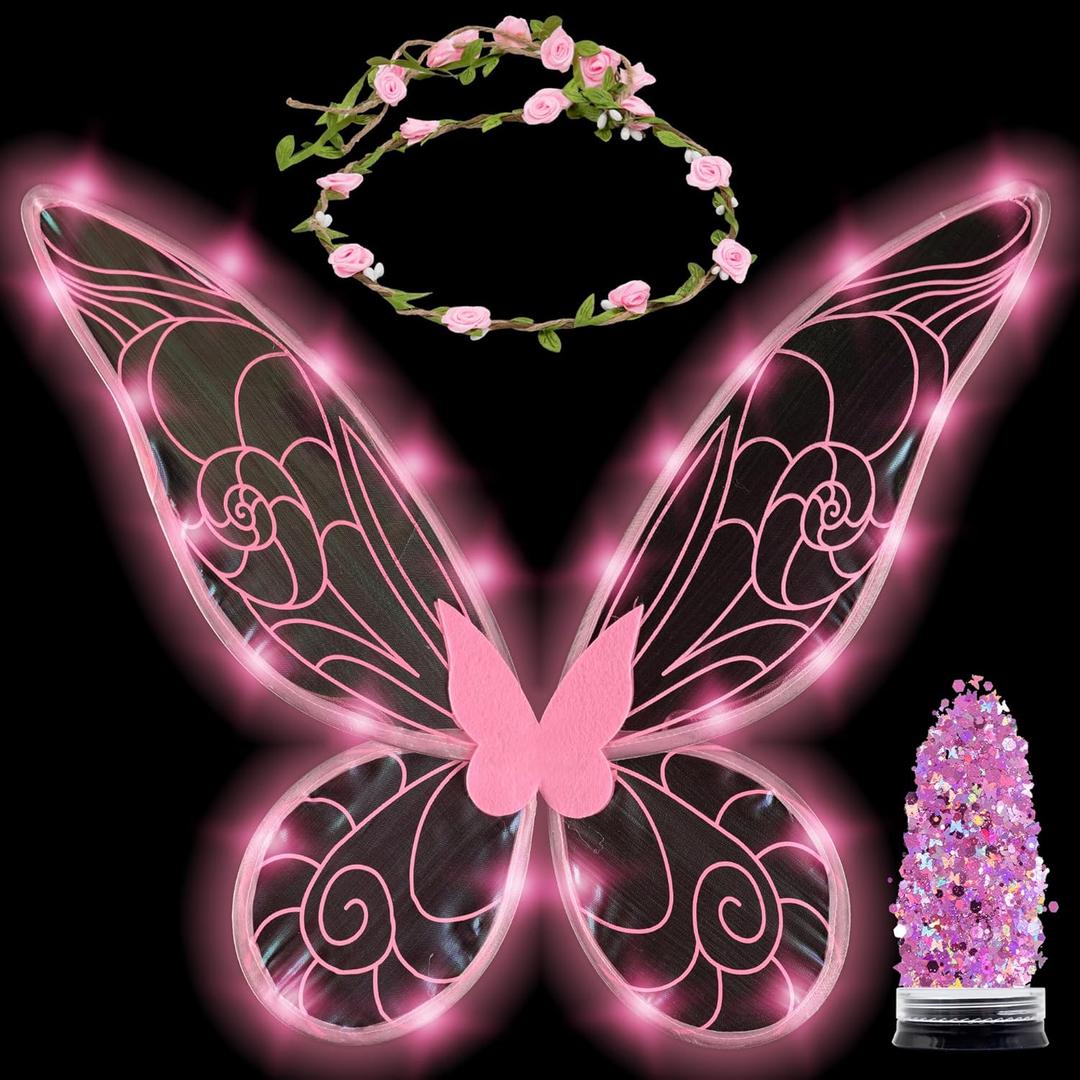Funcredible Fairy Costume For Women and Girls - Light Up Fairy Wings and Flower Crown, Glitter - Butterfly Wings