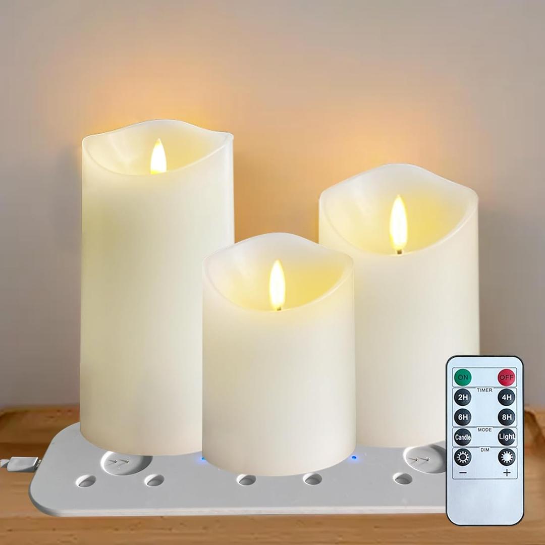Rechargeable Flameless Candle, Flashing LED Pillar Real Wax Candle with Remote Control and Timer, Decorative Electronic Candles, 1 Set of 3 (White-Droplet, 3Pcs)