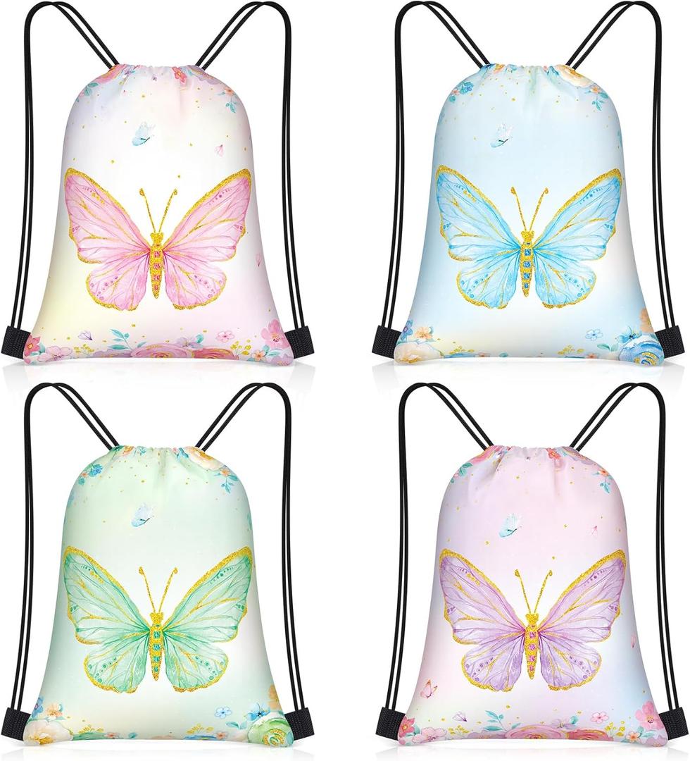 Censen 24 Pcs Butterfly Party Favors Drawstring Bags Bulk 12 x 10 Inch Waterproof Beach Treat Candy Gift Bag for Girls Boys Kids Baby Shower Butterfly Fairy Birthday Party Supplies