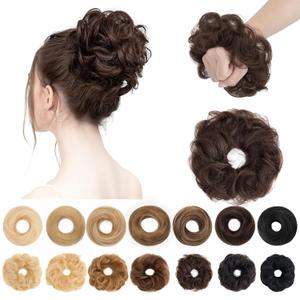 SEGO Human Hair Messy Bun Hairpieces Real Scrunchies Wavy Curly Tousled Updo Donut Chignon Ponytail Extensions for Women Girls-#02 Dark Brown