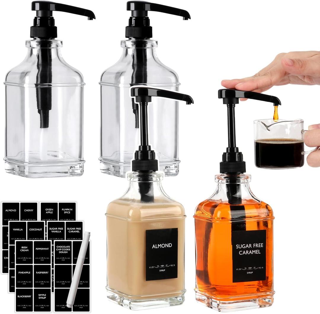 BIGIVACA 4 Pack Coffee Syrup Dispenser 16 oz,Clear Glass Syrup Bottle with 1/4oz Capacity Pump,Syrup Dispenser for Coffee Bar with Plastic Pump