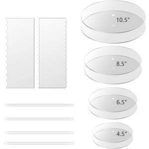 Acrylic Cake Disc, Round 4.5/6.5/8.5/10.5 Inch Acrylic Cake Disk Set, Includes Comb Scrapers,Dowel Rods,Icing Scraper,Cake Acrylic Discs for Icing 4 Tier Cakes