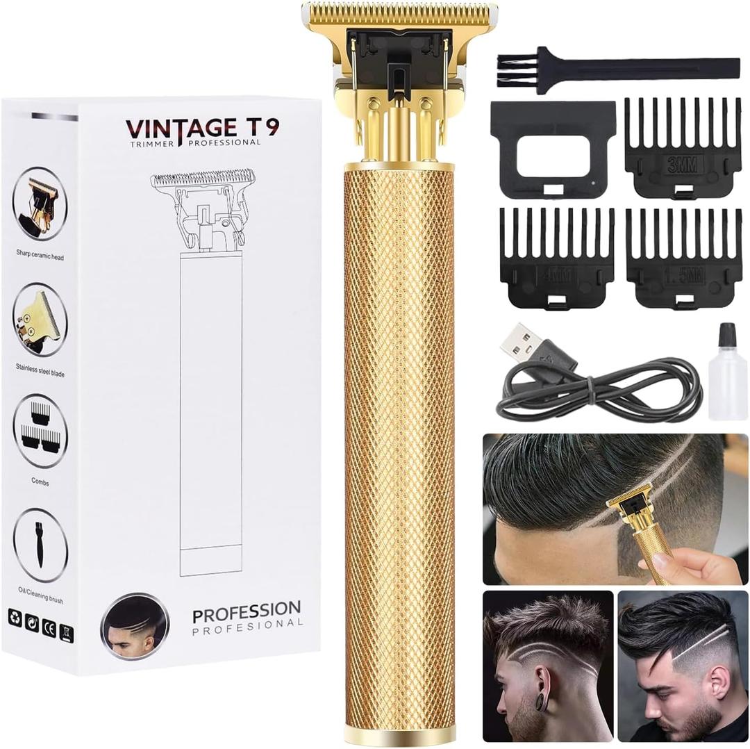 Premium Cordless Beard and Hair Trimmer for Men, Professional T-Blade Zero Gapped Rechargeable Grooming Kit, 4 Adjustable Limit Combs, Ideal Gift for Him, Unmatched Precision Luxury Care (Gold)