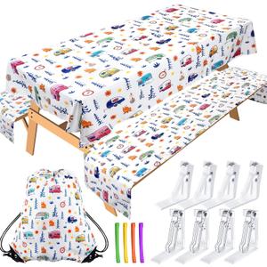Tudomro Camping Tablecloth with Picnic Bench Covers, Picnic Table Cover Fits 4ft to 7ft Picnic Tables, Washable Reusable Polyester Table Cloth for Camping Included Storage Bag and Clip (Cute Style)