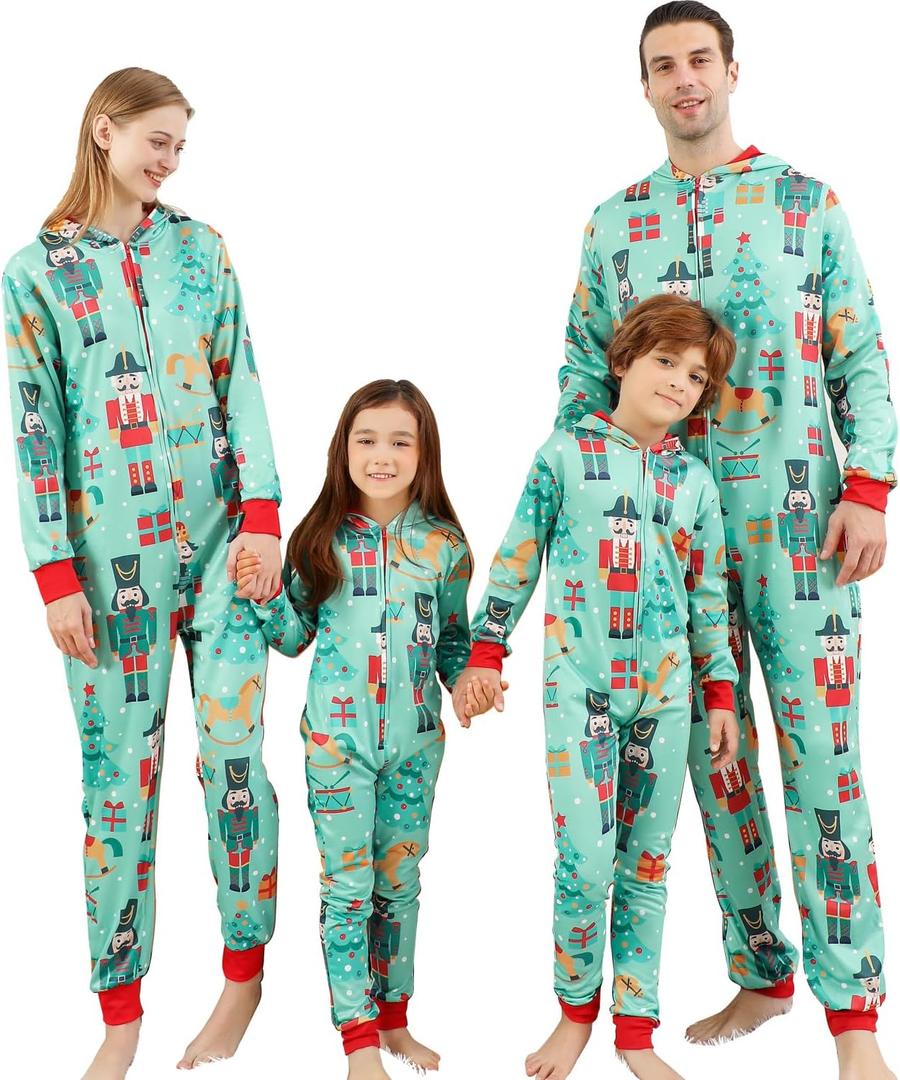 ANGELGGH Onesie Christmas Family Matching Pajamas Adult Couples Men PJs Hooded Women Novelty One-piece Sleepwear (Small, Blue Green)