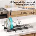 MUDEELA Expandable Pots and Pans Organizer Rack under Cabinet, Pots Lid Organizer Rack for Kitchen Cabinet Organizers and Storage with 12 Adjustable Dividers Cutting Board Holder & Anti-Scratch Strips