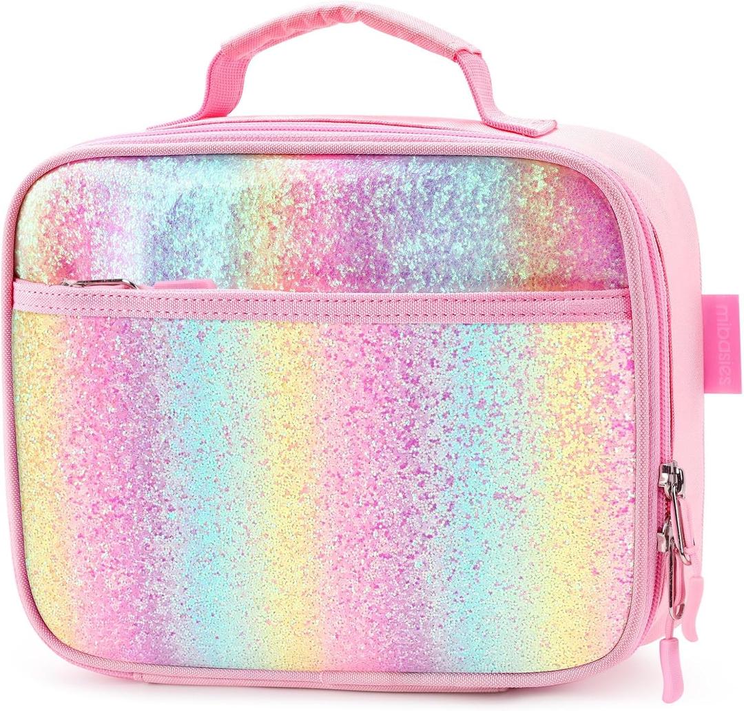 mibasies Kids Lunch Box for Girls Toddler, Insulated and Reusable Lunch Bag for School, Pink Blue Rainbow (2.5L)