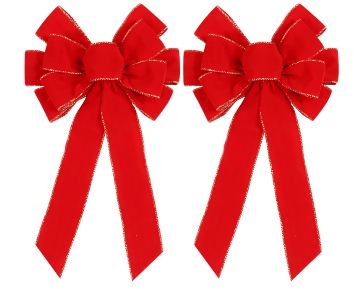 2 Pack Red Christmas Bows Outdoor Decorations,12”x20” Large Christmas Tree Topper Bow, Velvet Wreath Bow with Glitter Gold Edge for Xmas Home Front Door Decor