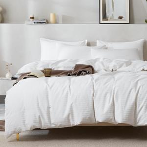 JELLYMONI 100% Natural Cotton 3pcs Striped Duvet Cover Sets, Satin Striped Printing Pattern Duvet Cover Set, with Zipper Closure & Corner Ties(Queen Size)
