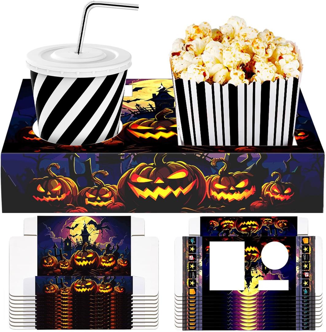 20 Pcs Halloween Movie Night Supplies Movie Night Paper Snack Trays Popcorn Candy Holder Snack Boxes Cardboard Holder Food Trays for Party Stand (Black)
