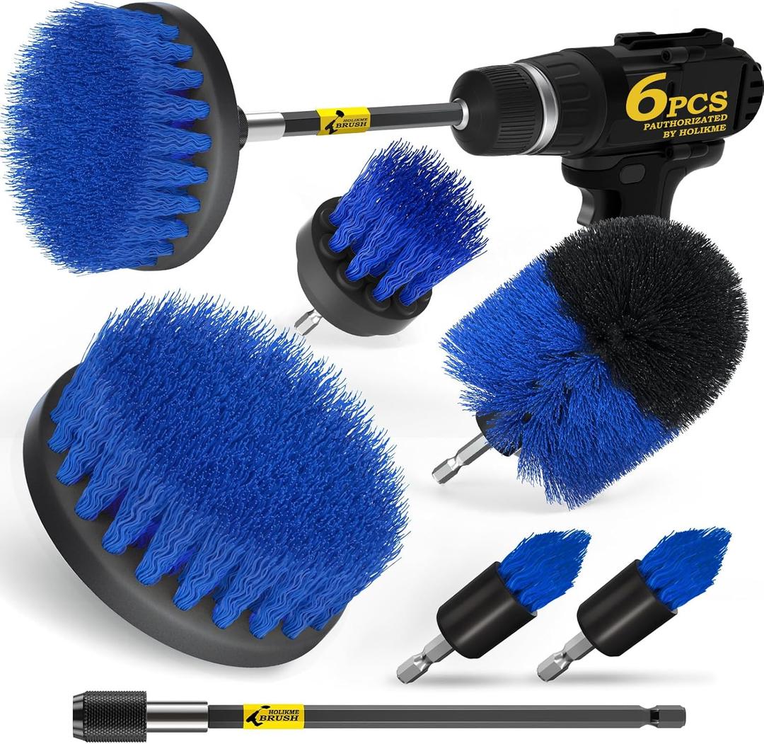 Holikme 6Pack Drill Brush Power Scrubber Cleaning Brush Extended Long Attachment Set All Purpose Drill Scrub Brushes Kit for Grout, Floor, Tub, Shower, Tile, BathroomScrub Brush Blue