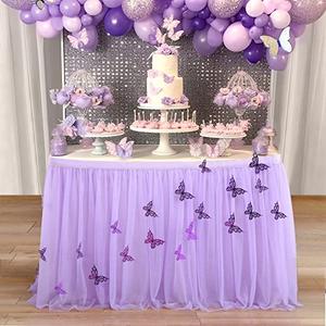 9ft Purple Butterfly Table Skirt for Butterfly Theme Baby Shower Gilrs Tulle Tutu Table Skirt for Butterfly Birthday Party Wedding Cake Dessert Table Decorations
