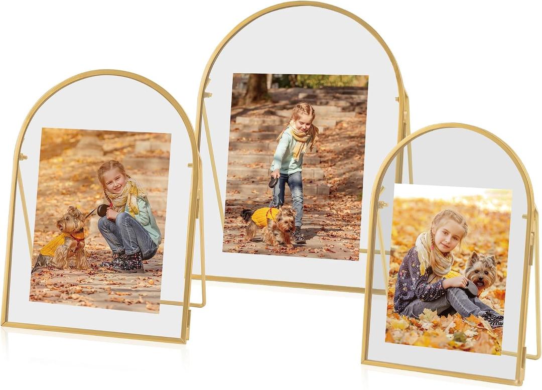Set of 3 Gold Floating Picture Frame, 4x6, 5x7, 6x8 Arched Glass Floating Frames, Vintage Brass Gold Picture Frame for Artwork Photos Tabletop Display