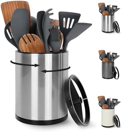 Nigelia Extra Large Kitchen Utensil Holder, 360° Rotating Stainless Steel Cooking Utensil Holder for Countertop, 3 Compartment Flatware Organizer & Cooking Caddy with Removable Base（Silvery）