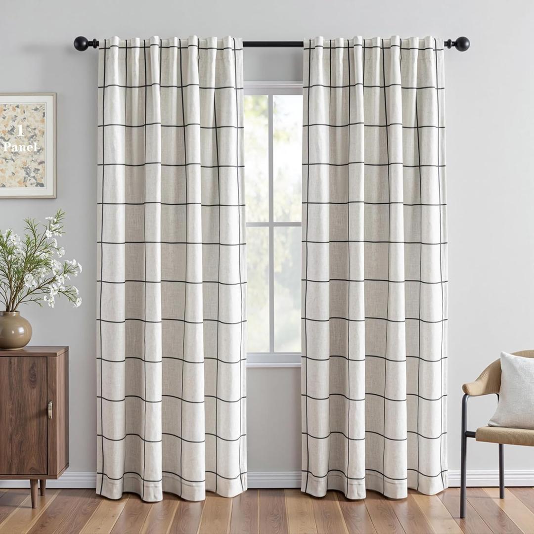 MYSKY HOME 100% Blackout Plaid Farmhouse Linen Curtains 84 Inch Long for Living Room Double Layer Windowpane Drapes Thermal Insulated Privacy Protection Rod Pocket Back Tab, 52" W, Black, 1 Panel