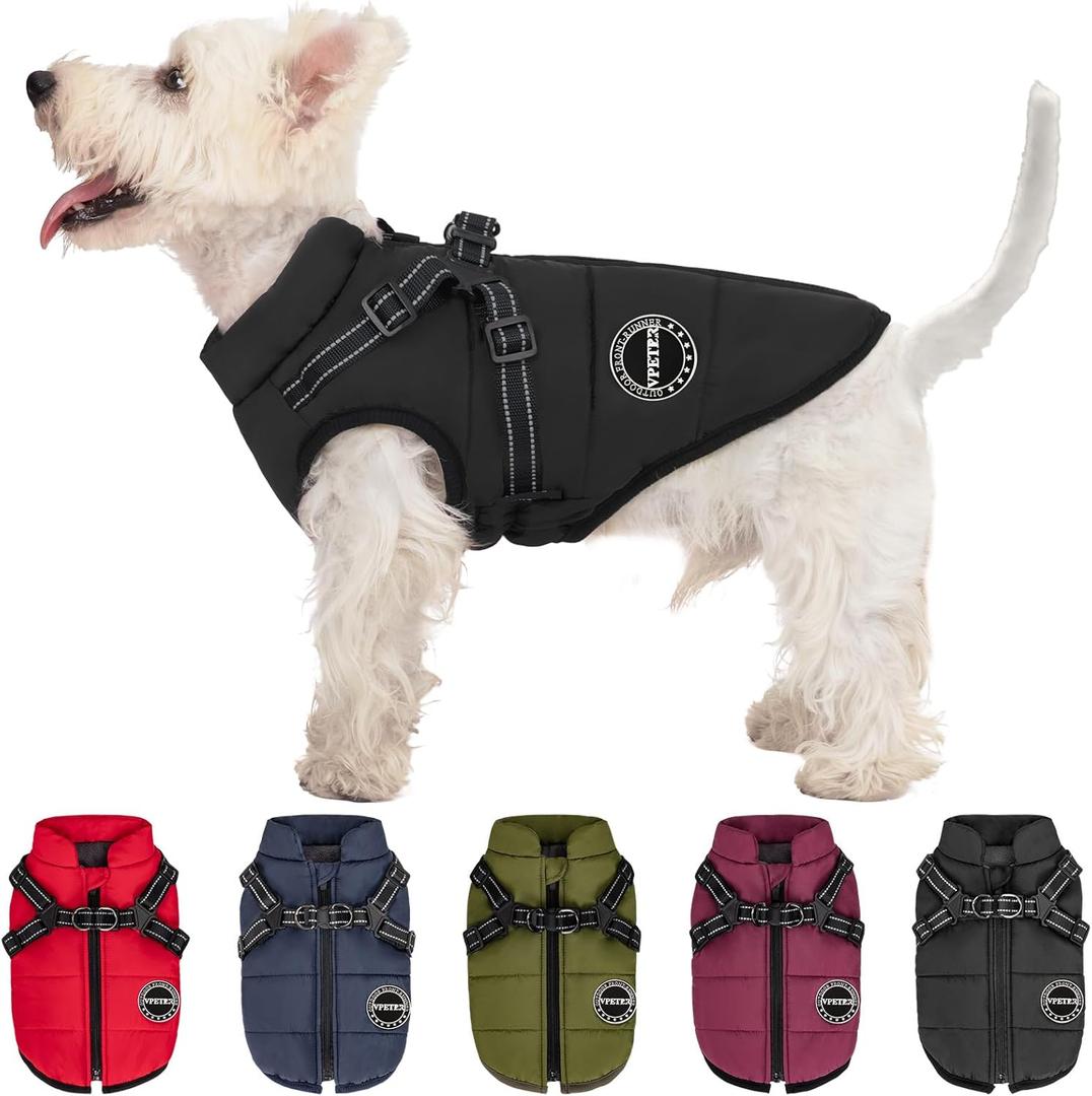 Dog Winter Coat,Warm Jacket Paded Fleece Pet Vest with Built in Harness, Windproof Reflective Cozy Adjustable Snow Pet Coat Clothes with Zipper for Small Dogs, Size XS (Black)