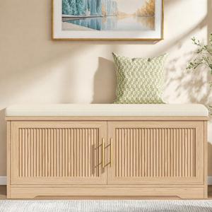 Keehusux 39.4" Fluted Shoe Storage Bench with Seat Cushion, Natural Oak, 39.4"W x 13.8"D x 17.7"H