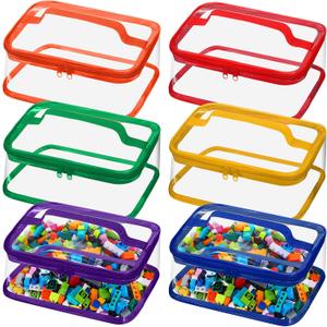 Nitial 6 Packs Clear Toy Storage Bags PVC Organizing Toys Bags with Zipper for Kids Building Blocks Board Games Christmas Valentines Birthday Gift(Bright Colors)