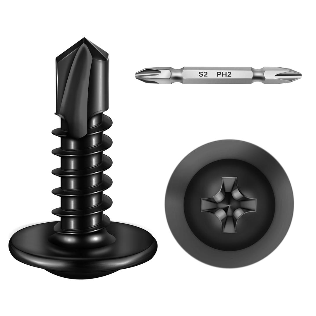 Mywish 300Pcs #103/4" Black Self Tapping Screws for Metal, 410 Black Oxide Stainless Steel Sheet Metal Screws, Truss Head Self-Drilling Screws High-Strength, Self Drilling Screws