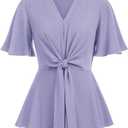 GRACE KARIN 2024 Women's Elegant V Neck Peplum Tops Tie Front Short Bell Sleeve Shirts Tops Blouse (Medium, Lilac)