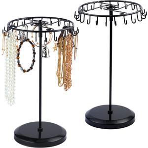 Ferraycle 2 Pcs Rotating Necklace Holder Metal Necklace Stand Necklace Organizer for Bracelet Earring Keychain Ring Jewelry Display, 13.4 Inch with 23 Hooks (Black)