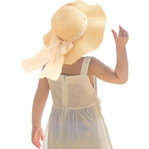 Kunyeah Kids Girl Summer Straw Hat Foldable Wide Brim Cap Sun Visor Hats Sun Protection Beach Hats Bowknot Floppy Cap (One Size, Beige)