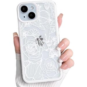 NITITOP Compatible with iPhone 15 Plus Case Clear Cute Rose Flower Floral Leaves Pattern for Women Girls Color Frame Slim Durable Shockproof Protective Phone Cover - White