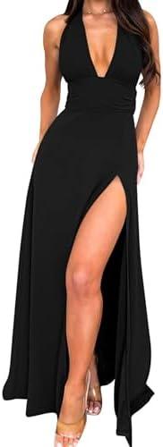 Women's Sexy Sleeveless Halter V Neck Ruched Waist Tie Back Side Split Long Maxi Dress Large