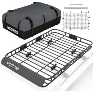 WILDROAD Car Roof Cargo Carrier Combo of Upgraded 64"x 39"x 4" Roof Rack Cargo Basket with 21 Cubic ft Ultra Waterproof Anti-Tear Fabric Cargo Carrier Bag and Super Duty Bungee Cargo Net