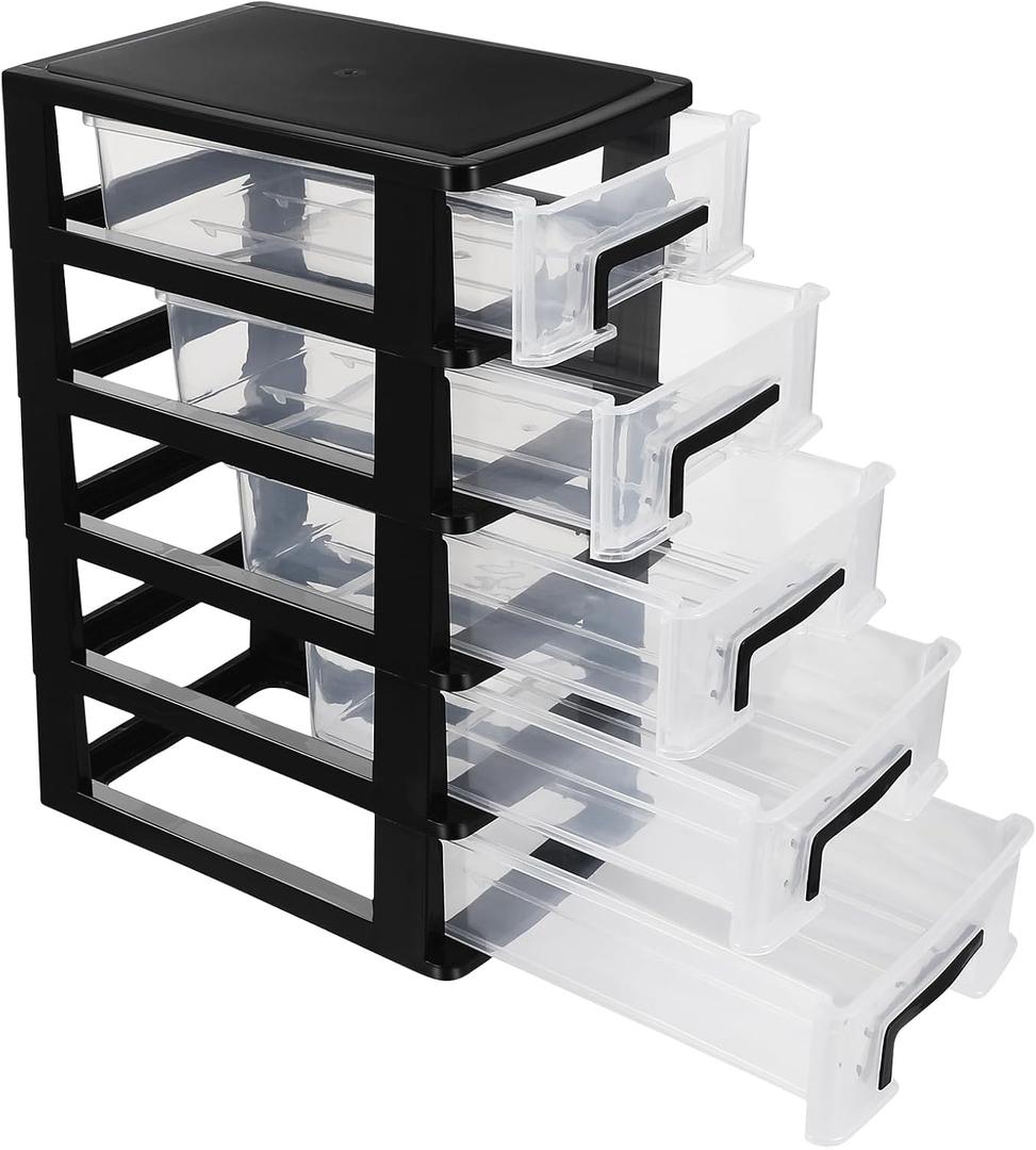 Multifunctional Five-Layer Plastic Storage Cabinet with Transparent Drawers - Space-Saving Organizer for Office, Closet, and Home, 12.36 Inches, Black