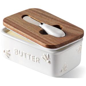 Le Tauci Butter Dish with Lid for Countertop, Ceramic Butter Container, Embossed Butter Keeper with Acacia Wood lid, Knife, and Airtight Cover, Farmhouse Decor - Set of 1, Arctic White, Bee Pattern