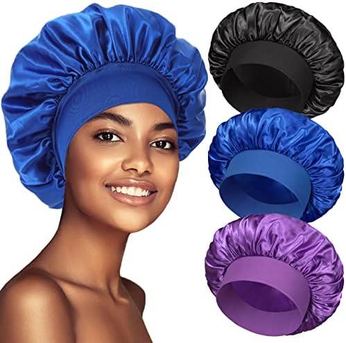 Pack of 3 Satin Bonnet Silk Hair Bonnet for Sleeping, Sleep Bonnets for Women Large Wide Soft Band Sleep Cap for Curly Hair Braids