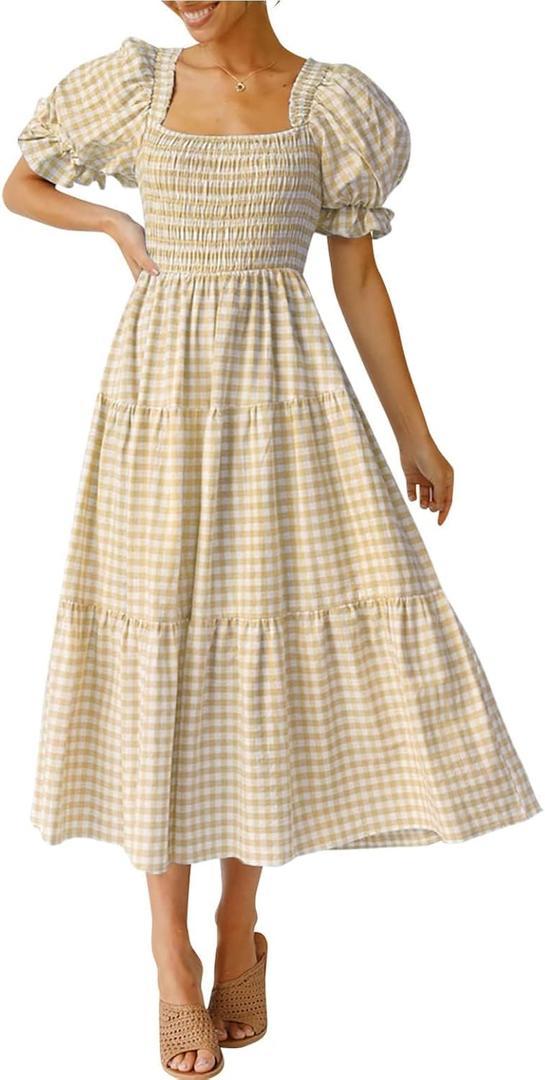 ZESICA Women's 2026 Bohemian Summer Plaid Square Neck Puff Sleeve Ruffle Flowy Beach Midi Dress (Beige), XS