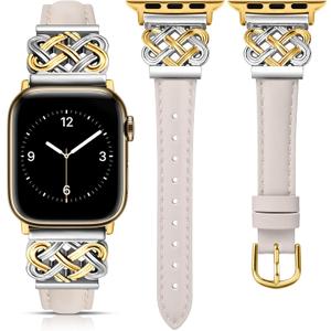 TOYOUTHS Leather Band Compatible with Apple Watch Bands Women 38/40/41/42mm Dressy Slim Thin Strap with Designer Interlock Buckle for iWatch Series 10/9/SE/8/7/6/5/4/3/2/1, Starlight/Gold&Silver