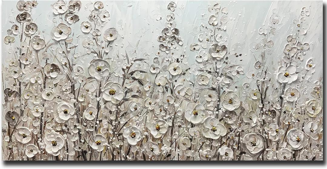 Yotree 24x48 Inch Wall Art Hand-Painted Framed White Flowers Oil Painting On Canvas Gallery Wrapped Modern Floral Artwork for Living Room Bedroom Dcor Ready to Hang