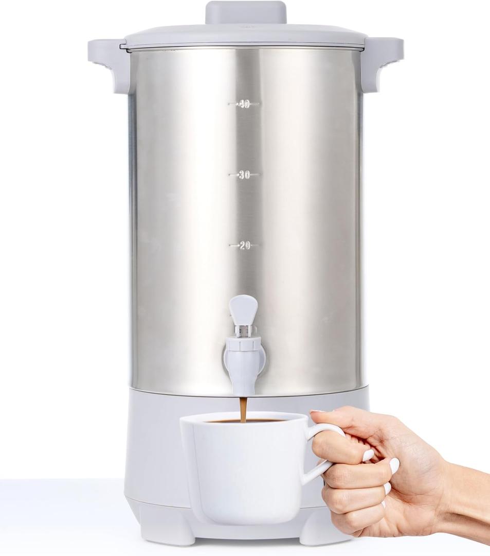 SYBO 45 Cup Coffee Urn, 6L Commercial Stainless Steel Coffee Maker & Hot Water Dispenser, Fast Brewing Percolator with Removable Filter, Easy Clean, Cool-Touch Handles, Catering, Office & Events, Grey
