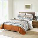 EWlinens Boho Queen Quilt Set - 100% Cotton Burnt Orange Quilts Queen Size, Bohemian Blue Lightweight Comforter Bedspread for Queen Bed, Soft Striped Geometric Quilt Bedding Set for All Season, 3pcs