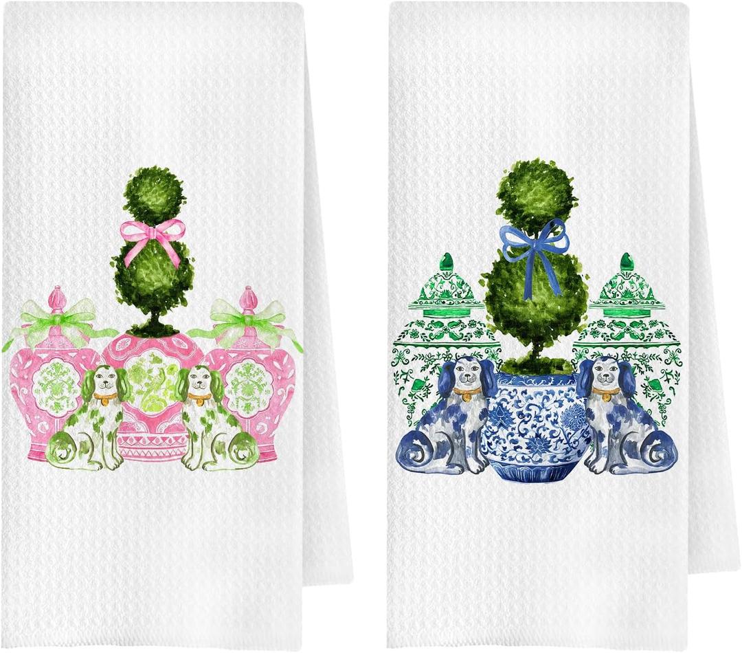 Chinoiserie Christmas Topiary Tree Kitchen Towels, Christmas Staffordshire Dogs Dish Tea Towel for Kitchen, Grandmillennial Xmas Decorative Hand Towels for Bathroom, 16x24 Inches Set of 2