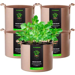 VIVOSUN 5-Pack 7 Gallons Grow Bags Heavy Duty Thickened Nonwoven Fabric Pots with Strap Handles Tan