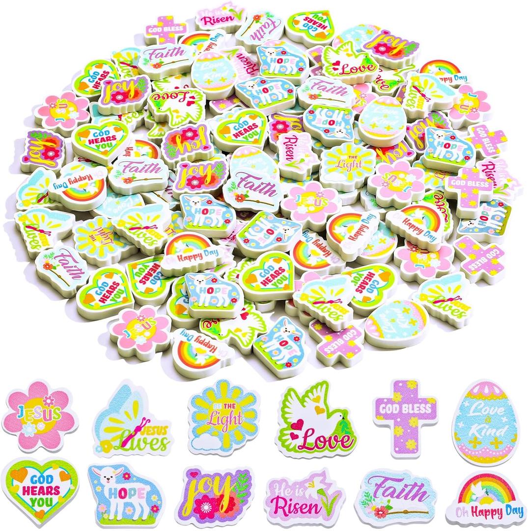 Geyoga 120 Pcs Easter Christian Bible Mini Eraser Jesus God Pencil Erasers 3D 12 Styles Puzzle Erasers for Sunday School Classroom Education Rewards and Prizes Church Stationery Easter Bag Filler