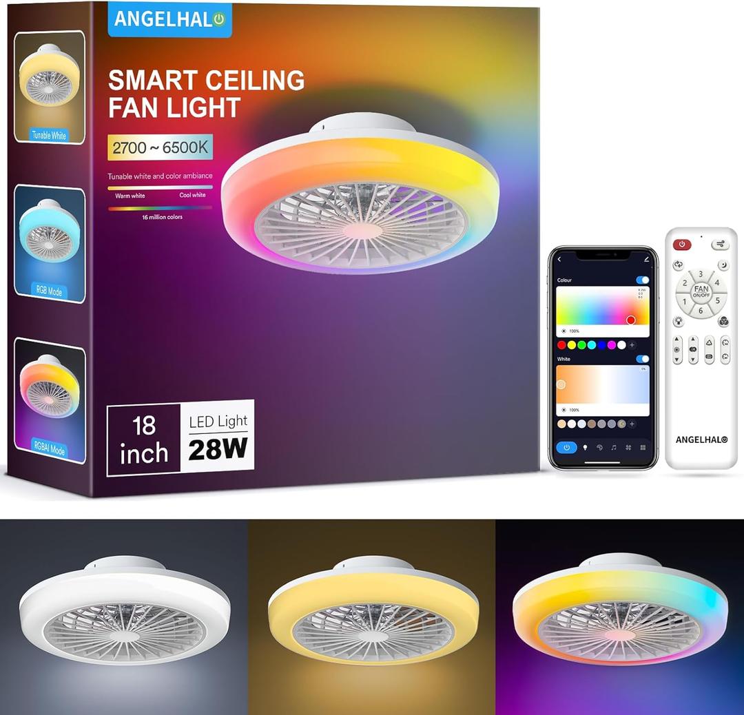 ANGELHALO 18" Smart Ceiling Fan with Light, RGBWW Flush Mount Fandelier with Remote/App Control, Music Sync, Quiet 6-Speed Motor, Low Profile for Bedroom/Kids Room/Home Offices/Small Living Spaces (RGBCW-1500lm)