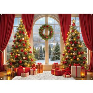 LYWYGG 82.6x59inch Christmas Backdrop Xmas Window Backdrop for Photography Christmas Tree Red Curtain Backdrops 