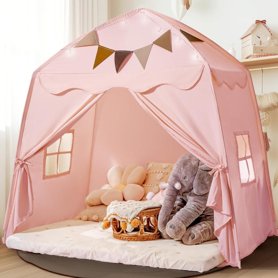 Extra Large Toddler Bed Tent & Kids Play Tent Bed Tent with Flags & Star Lights, Portable & Foldable Teepee, Indoor Outdoor Dome Tent Playhouse, 59x39x59 in,Pink