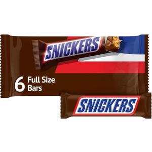 SNICKERS Full Size Milk Chocolate Candy Bars, 11.16oz bag, 6 Bars per bag | Peanuts, caramel and nougat in milk chocolate, satisfying on the go, on road trips or at the desk, party favors (EXP 08/01/26)