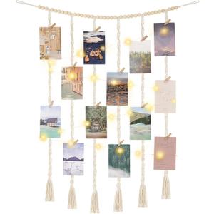 Mkono Macrame Hanging Photo Display Wall Decor with String Lights, Boho Wooden Beads Garland Collage Picture Card Frame Holder with 30 Clips for Bedroom Living Room Dorm, Teen Girls Christmas Gifts (Medium, Ivory)