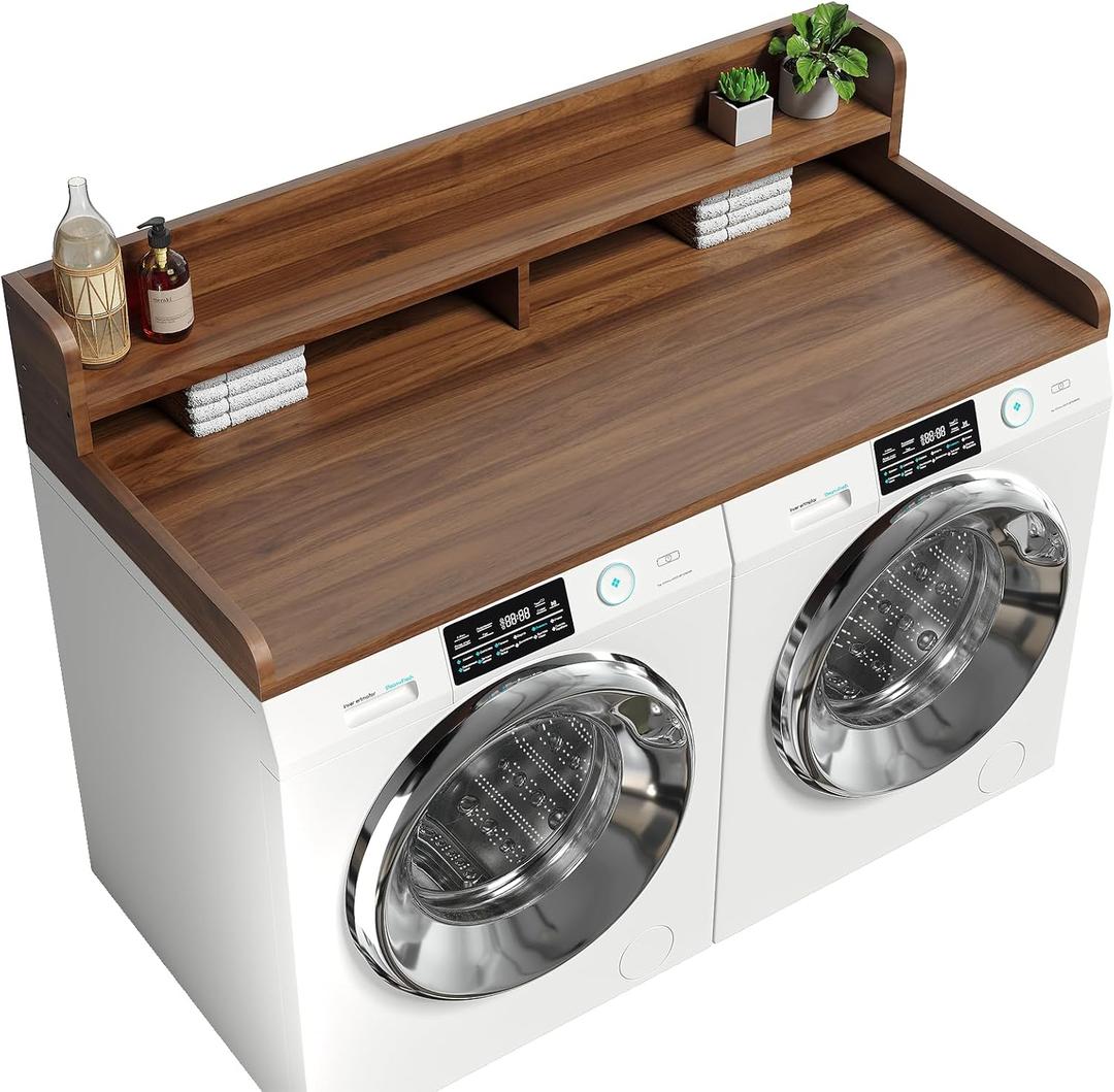 2-Tier Washer Dryer Countertop with 2.75" H Edge Rails, 58" W x 28" D Laundry Countertop for Folding Clothes, Washer and Dryer Topper with Non-Slip Pad (Dark Walnut)