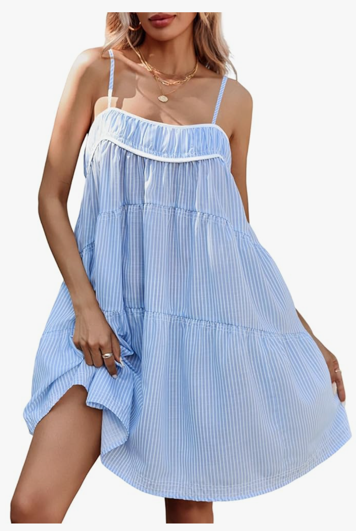 Wenrine Women's Striped Mini Dress Oversized Spaghetti Strap Casual Sleeveless Ruffle Tiered Beach A Line Dress, L