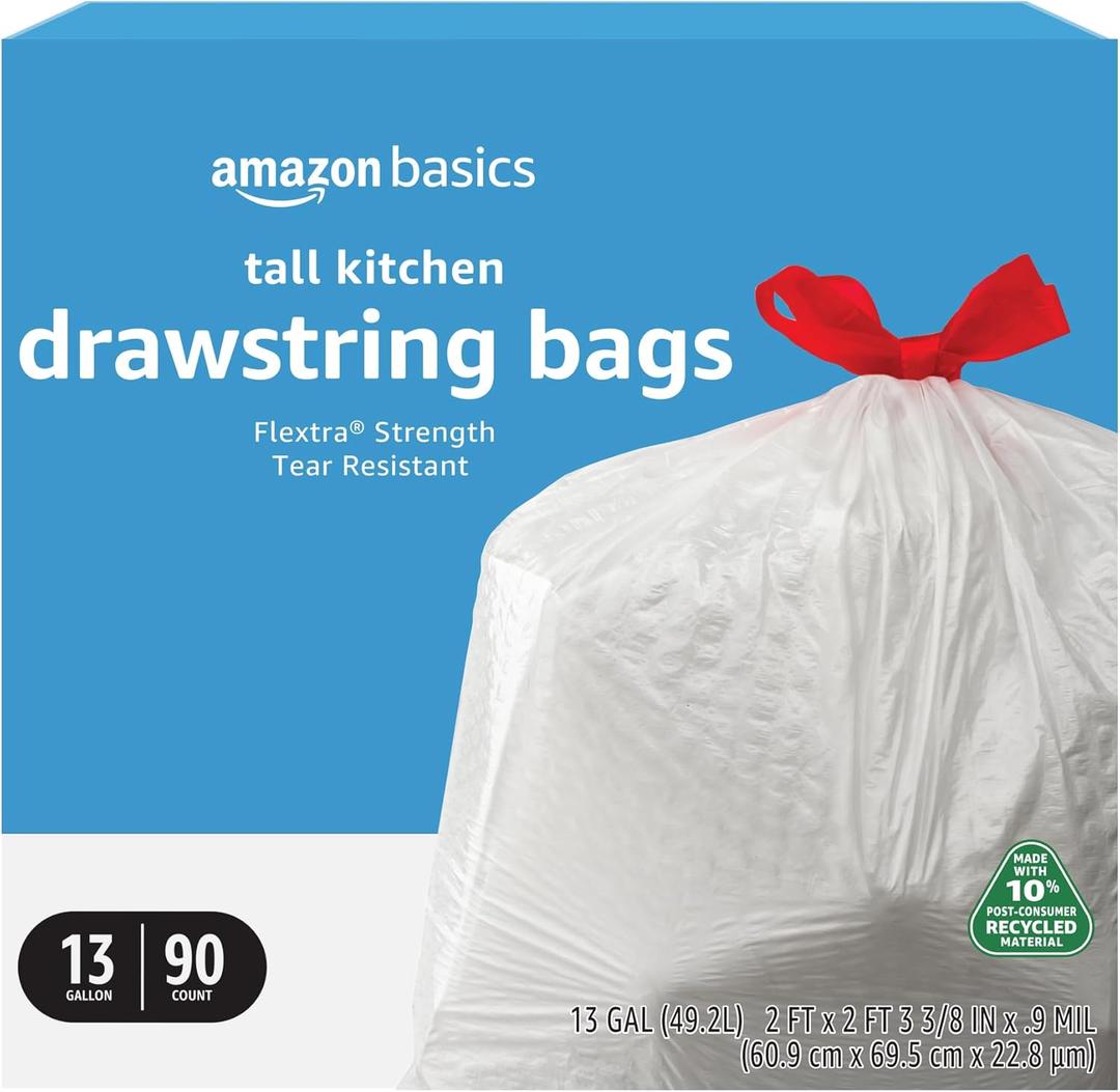 Amazon Basics 13 Gallon Tall Kitchen Drawstring Trash Bags, Flextra Strength, Tear Resistant, 10% Post Consumer Recycled, 90 Count, White